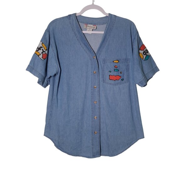 VINTAGE Painter Goofy USED Women's Jersey Shirt (S, Denim, Handmade, Disney) PM - Picture 2 of 11